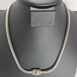 Sleek Silver and Gold Mesh Necklace with Cylindrical Charm